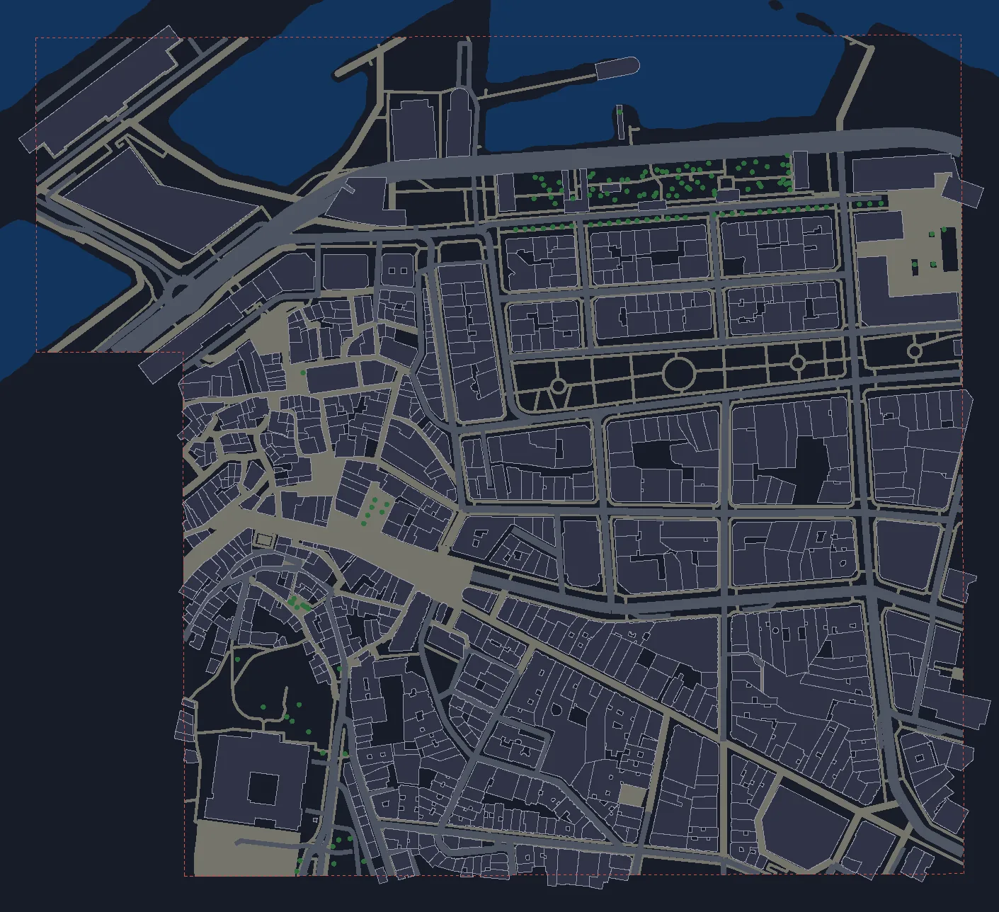 Mapa del juego: el centro de Vigo desde Porta do Sol hasta la ría, con calles, edificios y el puerto