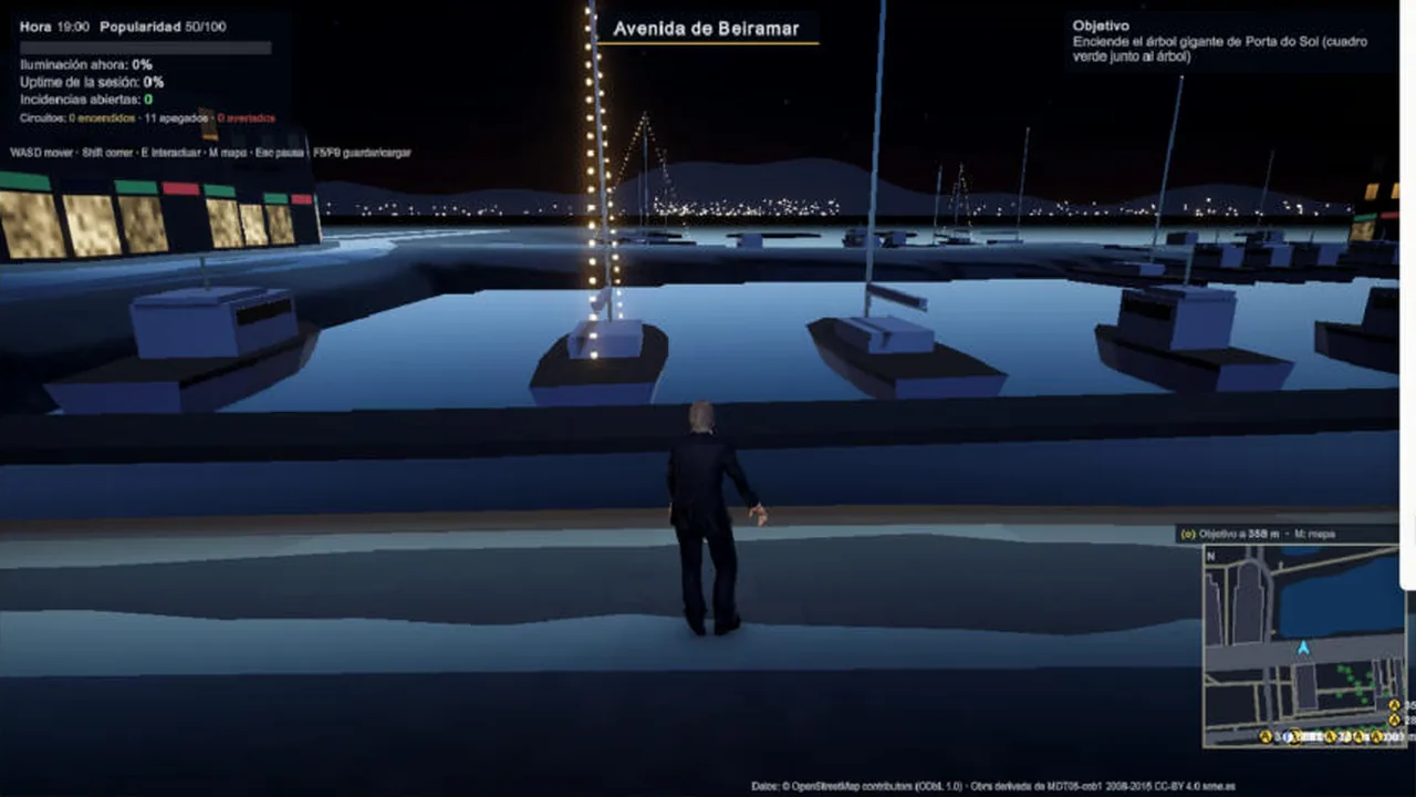 El puerto deportivo de Vigo en el juego, con veleros iluminados y la ría al fondo